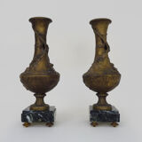 Pair of art nouveau vases in regulation on marble base signed l and f moreau