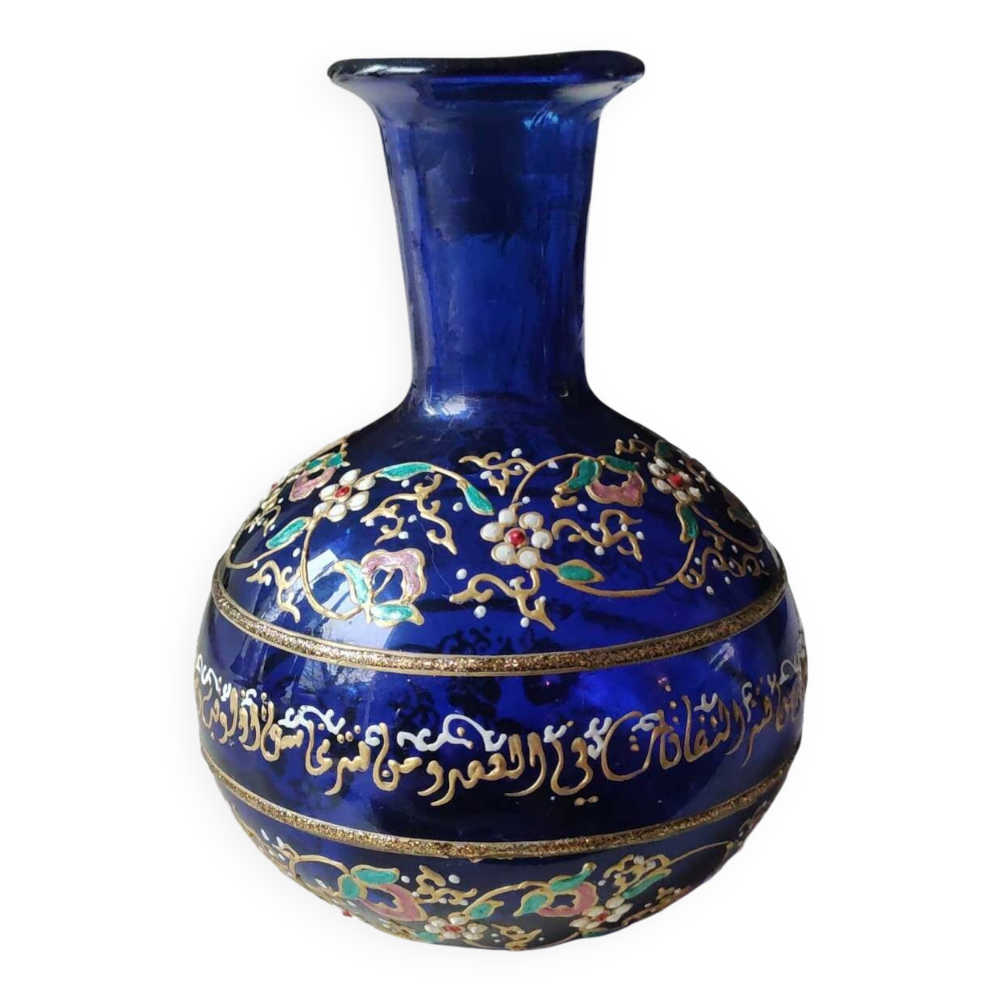 Cobalt blue ball vase/Hand painted floral motifs & raised gold edging