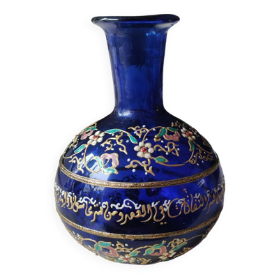 Vase boule bleu cobalt/Motifs floraux & liseré or en relief peints main