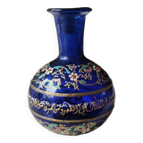 Vase boule bleu cobalt/Motifs floraux & liseré or en relief peints main