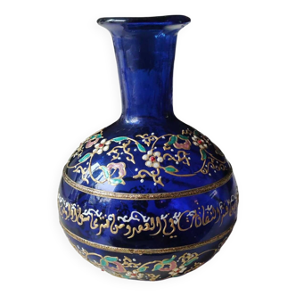 Vase boule bleu cobalt/Motifs floraux & liseré or en relief peints main