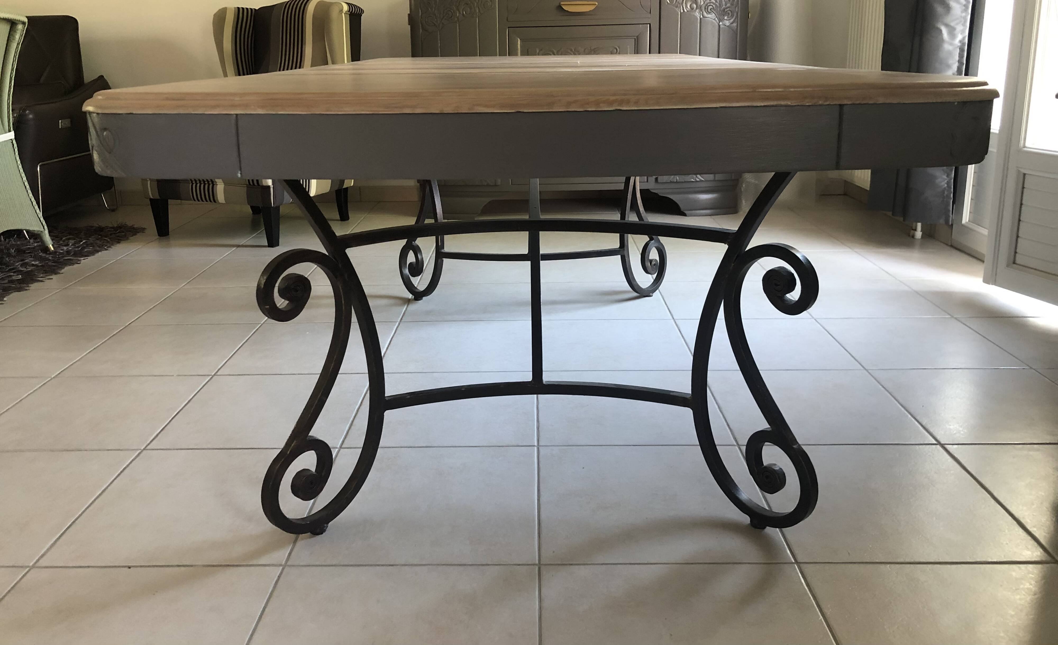 Large wooden and wrought iron dining table, 220 cm