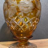 Very beautiful covered pot, crystal urn with cut and tinted decoration, bohemian twentieth