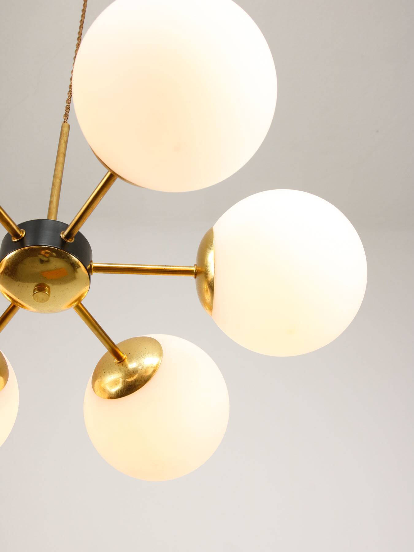 Mid-Century Modern Italian 6-Arm Sputnik Chandelier with Opaline Shades, 19