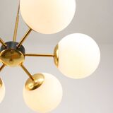 Mid-Century Modern Italian 6-Arm Sputnik Chandelier with Opaline Shades, 19