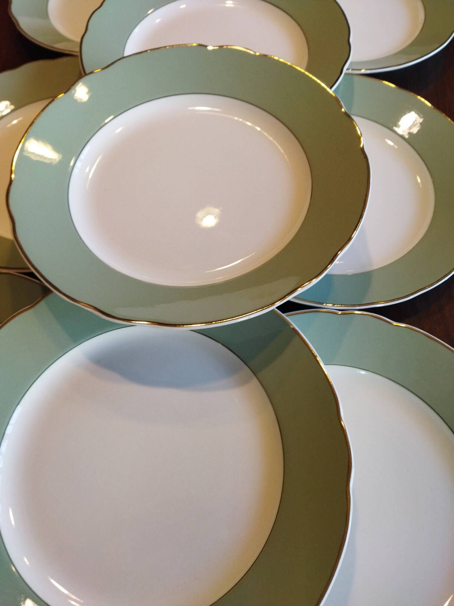 12 flat plates Villeroy & Boch Mettlach celadon green and vintage gold 1960s