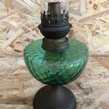 Old kerosene lamp, brass pedestal & green glass body + vintage glass tube