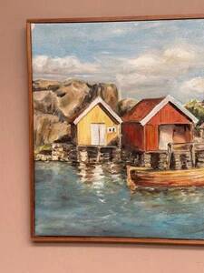 Mid-Century Oil on Canvas “houses with Boat” by Unknown, Vintage & Framed