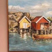 Mid-Century Oil on Canvas “houses with Boat” by Unknown, Vintage & Framed