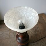 Wooden table lamp, patterned glass lampshade