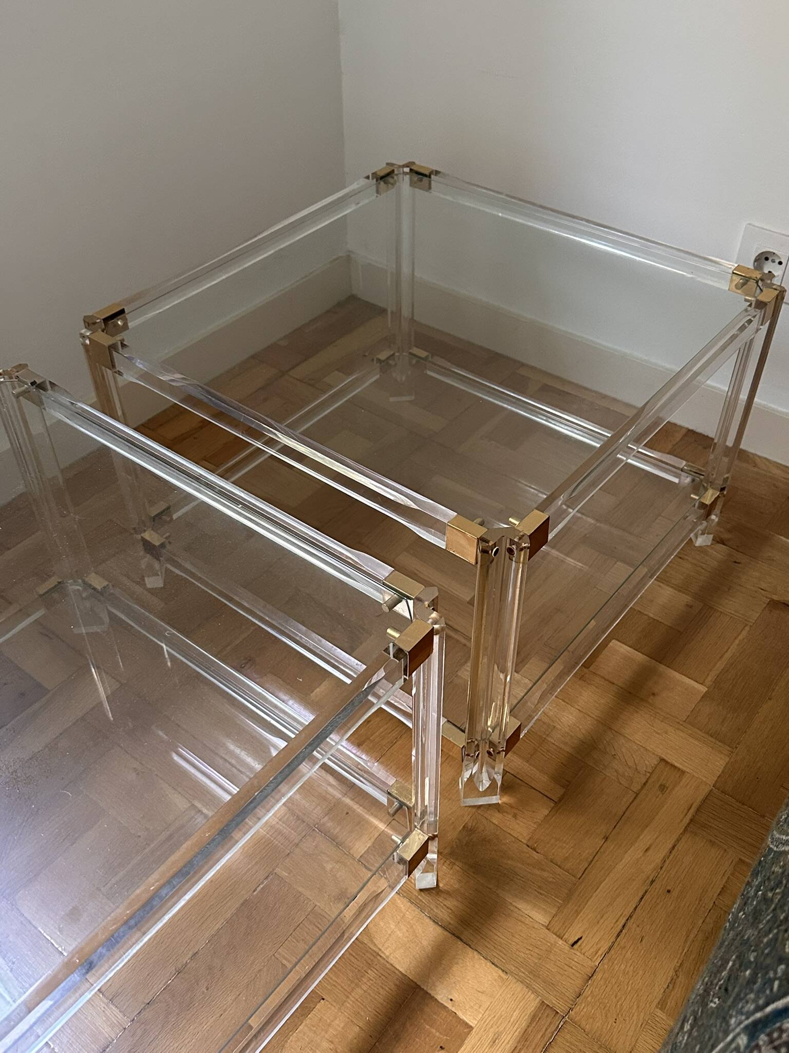 2 plexiglass, brass and glass coffee tables, circa 1970