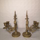 Pair of piano candlesticks in golden bronze 19th century