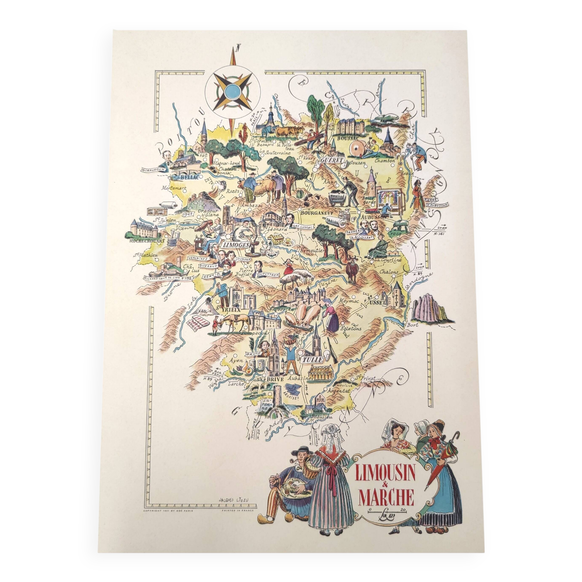 Old Limousin map illustrated Jacques Liozu 1951