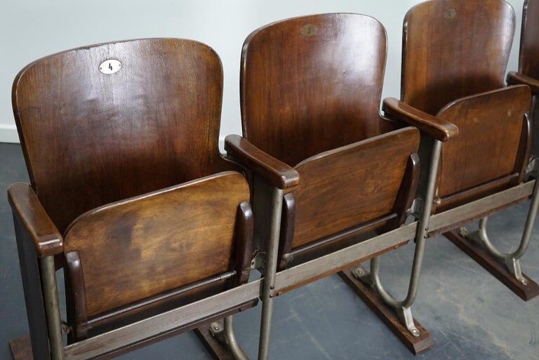 Vintage 4-seater cinema bench in metal and wood, Netherlands, 1930s