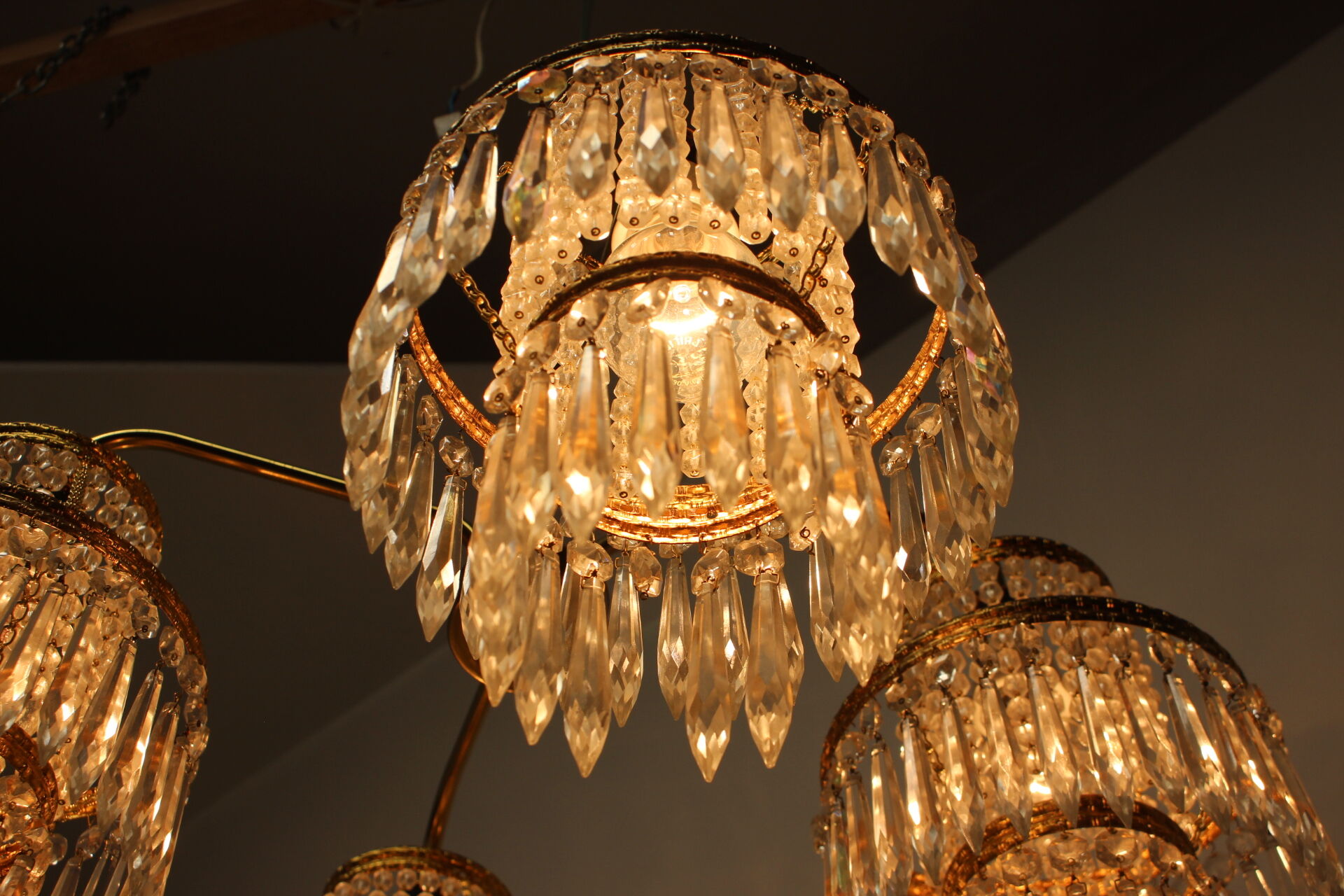 1950s, vintage crystal brass chandelier, železnobrodské sklo,czechoslovakia
