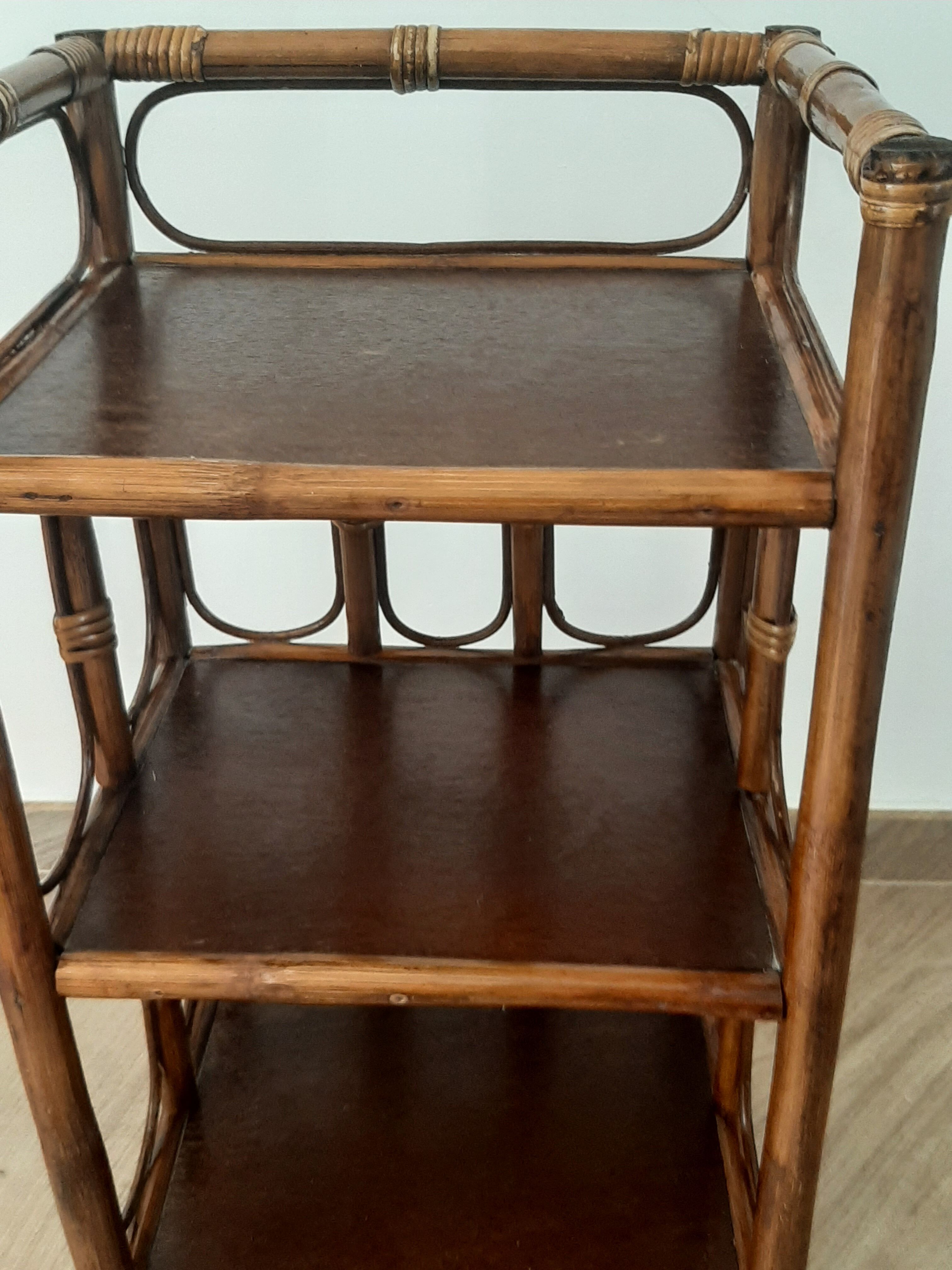 Vintage - set of 2 shelves of wooden floor, bamboo and rattan - 3 levels- retro 80s