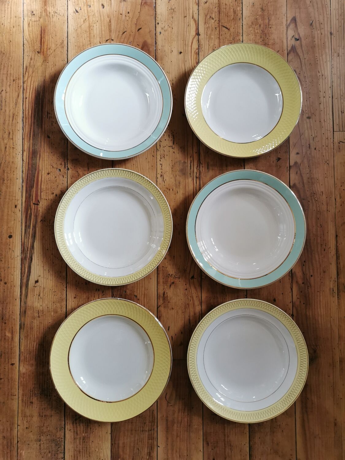 Vintage mismatched hollow plates mint & yellow