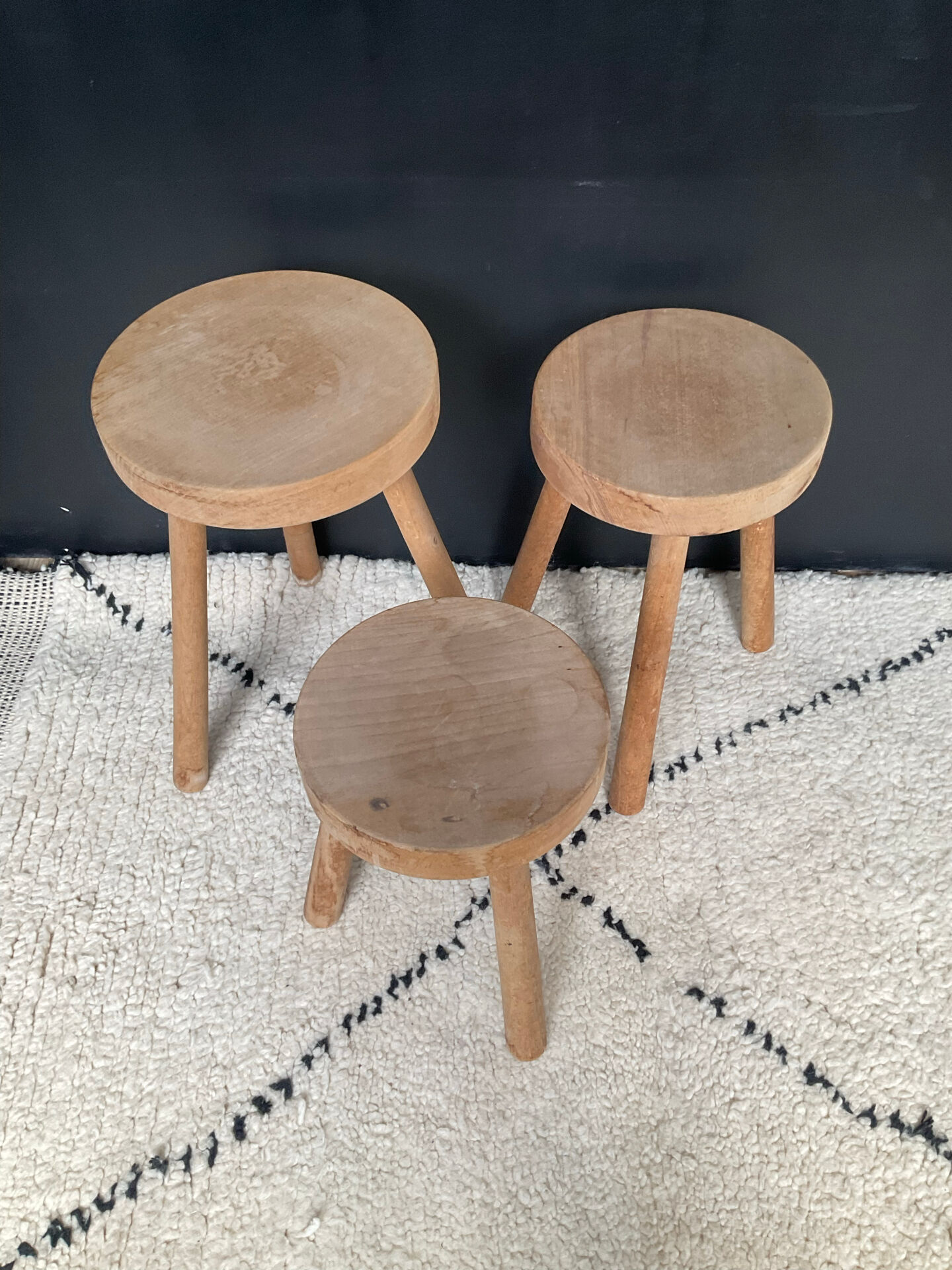 Set of 3 wooden tripod stools