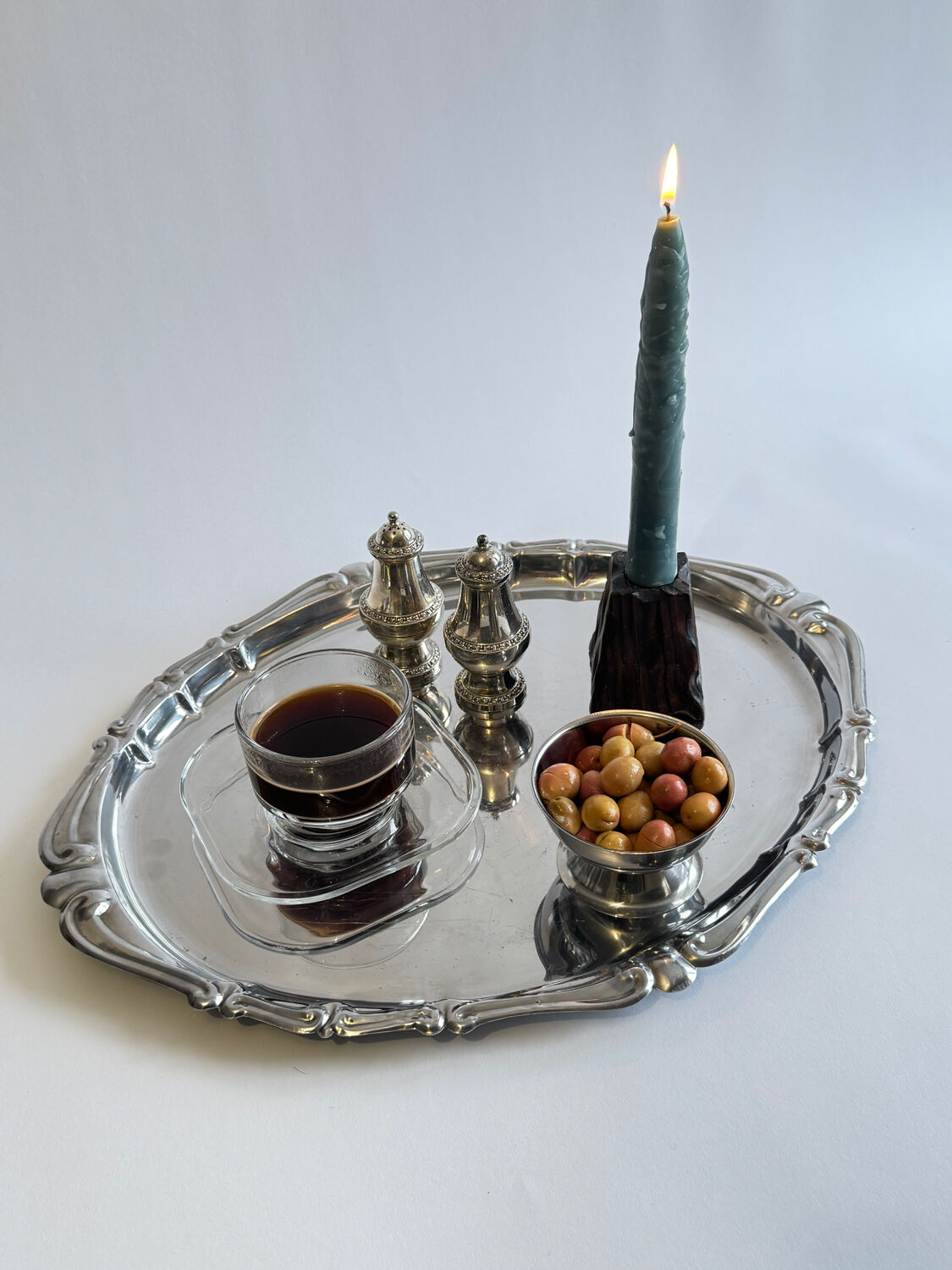 Vintage Mid Century Modern Baroque pattern stainless steel serving tra