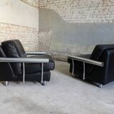 paire de fauteuils, cuir noir & inox, 1990
