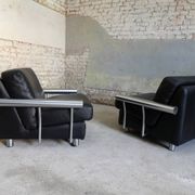 pair of armchairs, black leather & stainless steel, 1990