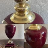 Large burgundy ceramic and brass table lamp