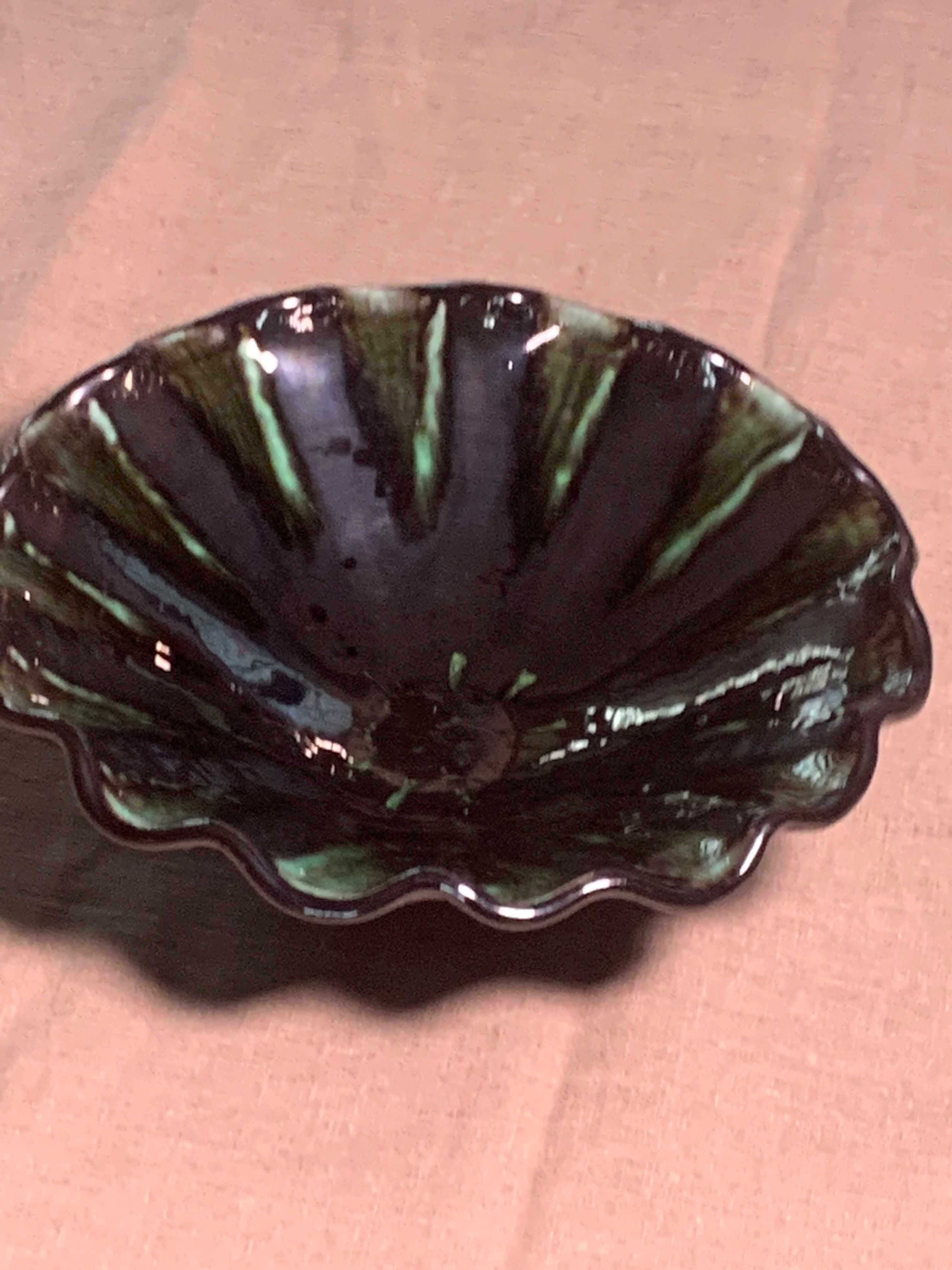 Vintage green and black glazed ceramic fruit cup