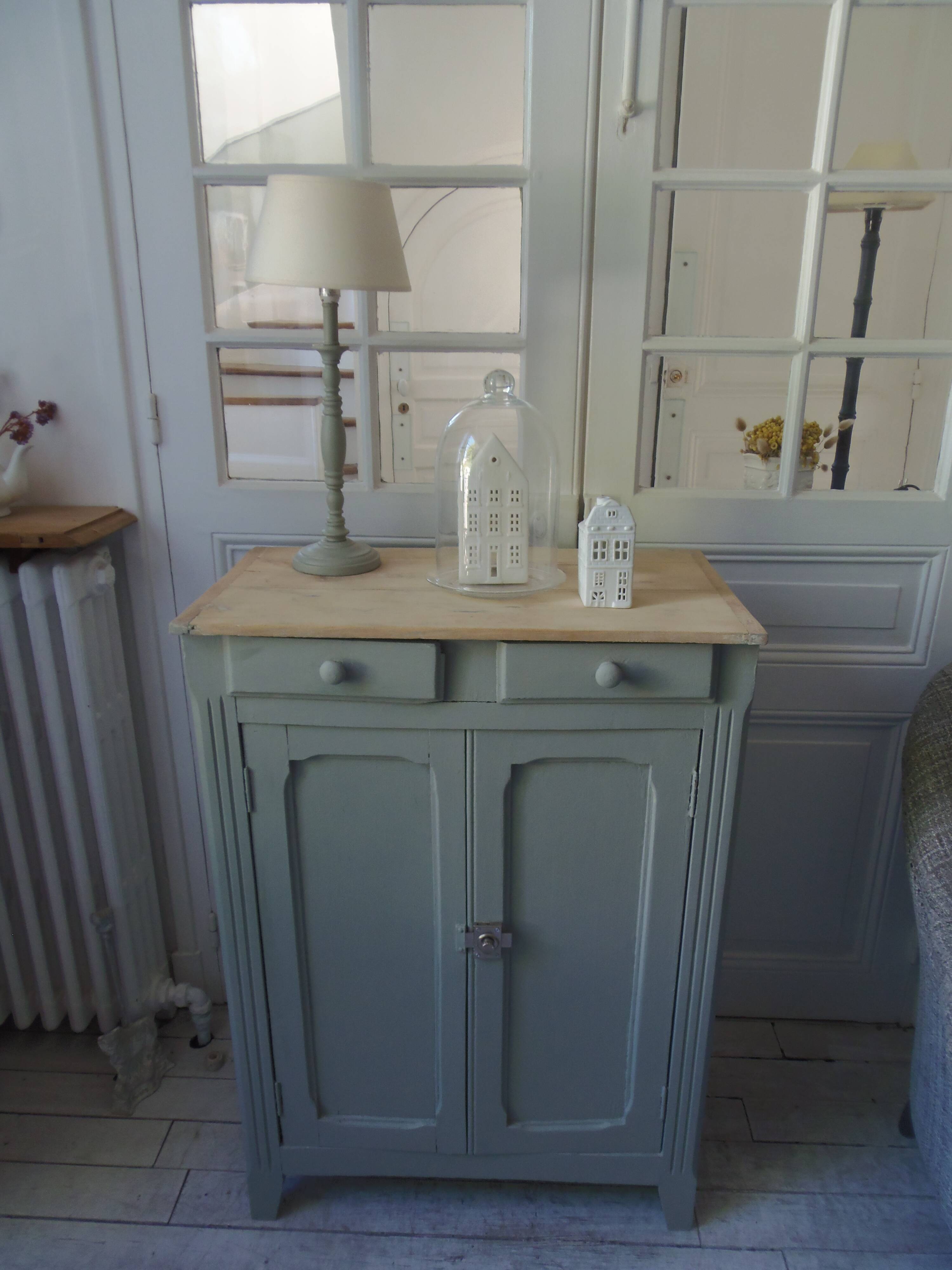 Small vintage Parisian sideboard with 2 doors and 2 drawers, enhanced in verdigris