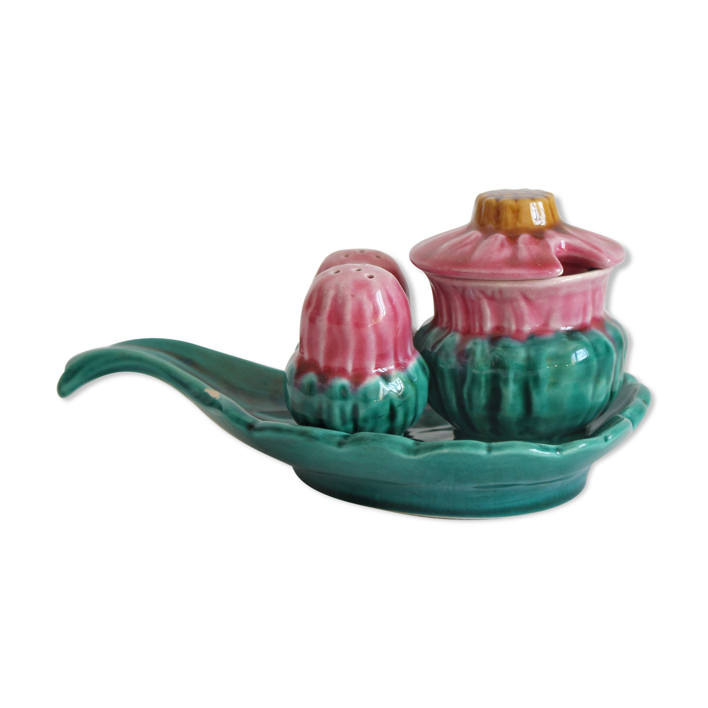 Set with salt, pepper and mustard condiments in vintage slurry