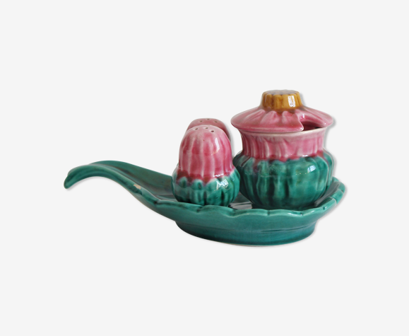 Set à condiments salière, poivrière et moutardier en barbotine vintage