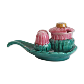 Set with salt, pepper and mustard condiments in vintage slurry