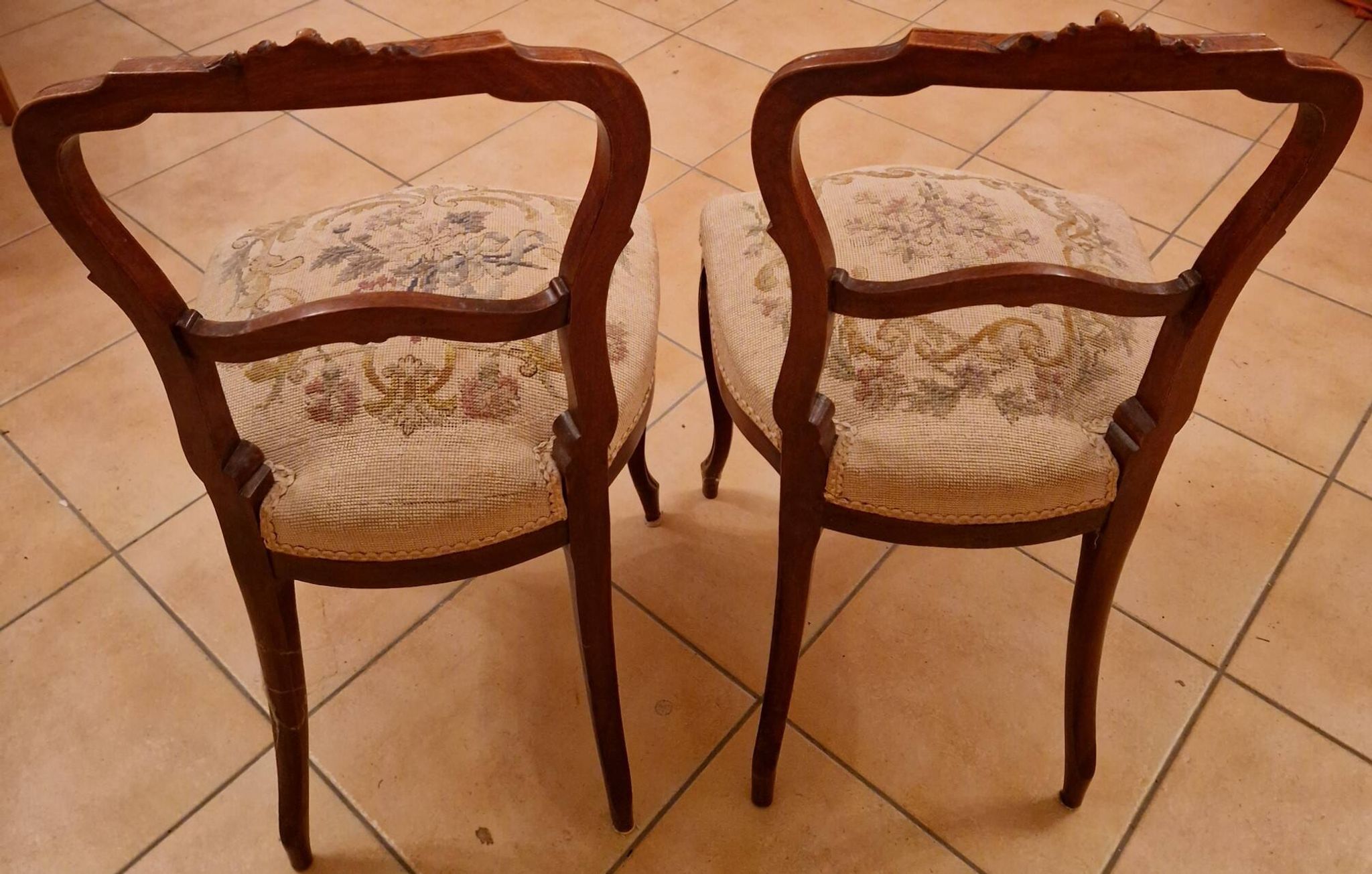 Pair of Louis XV chairs – carved wood & antique upholstery – late 19th century