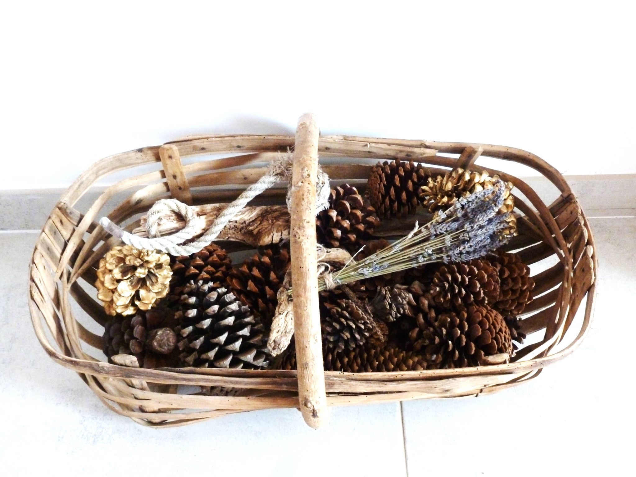 Old wooden harvest basket, slatted wooden basket, folk art.