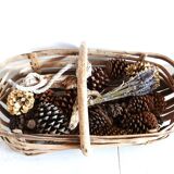 Old wooden harvest basket, slatted wooden basket, folk art.