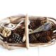 Old wooden harvest basket, slatted wooden basket, folk art.