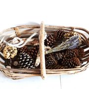 Old wooden harvest basket, slatted wooden basket, folk art.