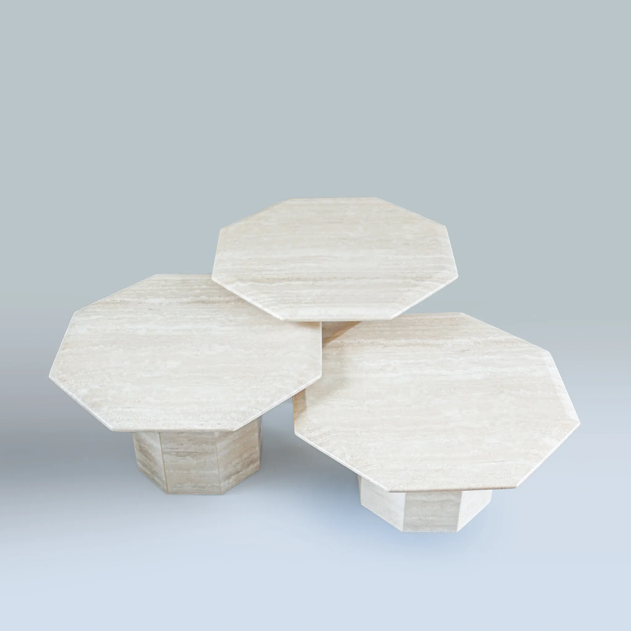 Set of 3 Travertine Octagonal Nesting Tables, 1970s.