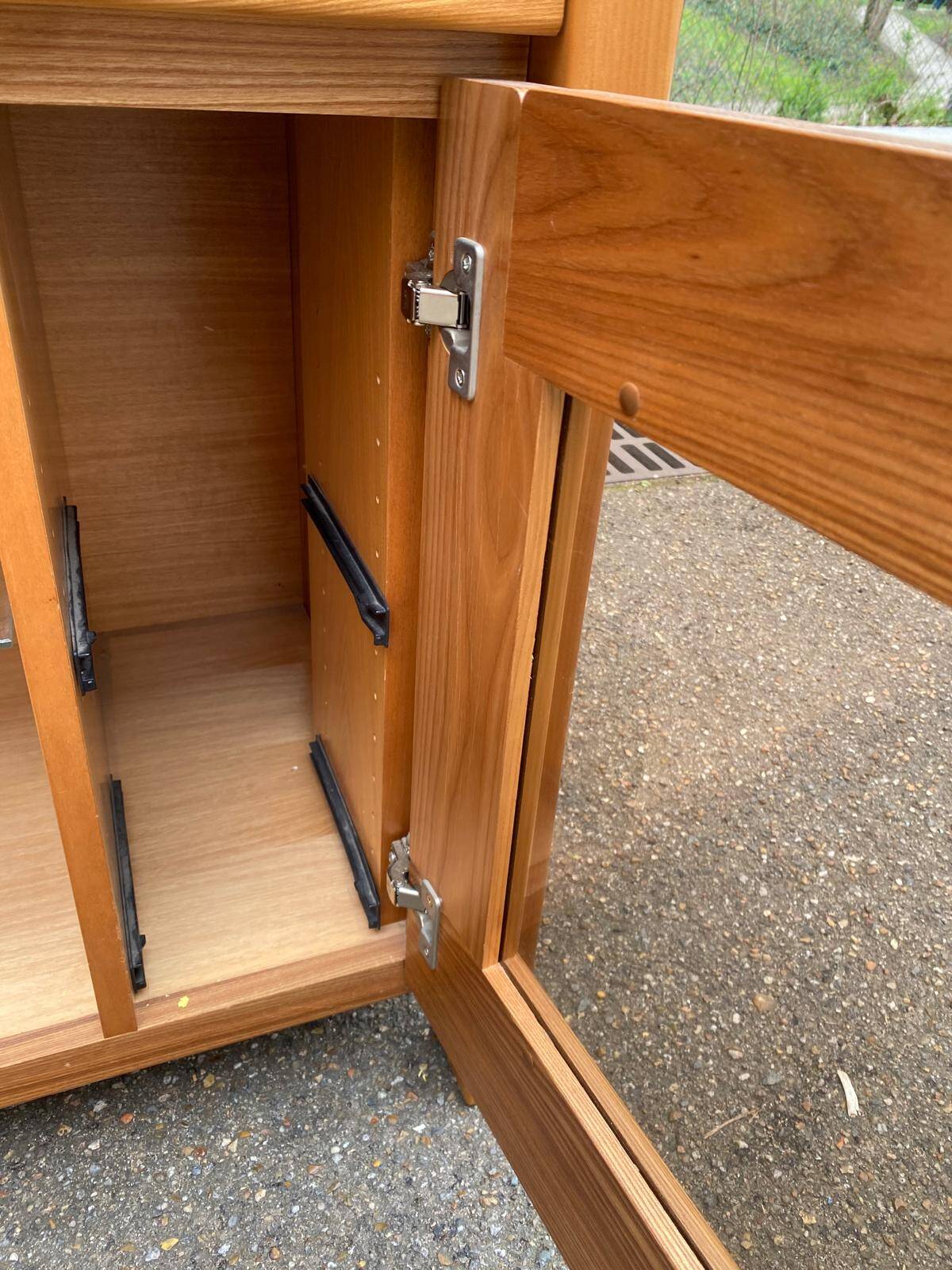 Glass-fronted Scandinavian oak sideboard from the 1980s.