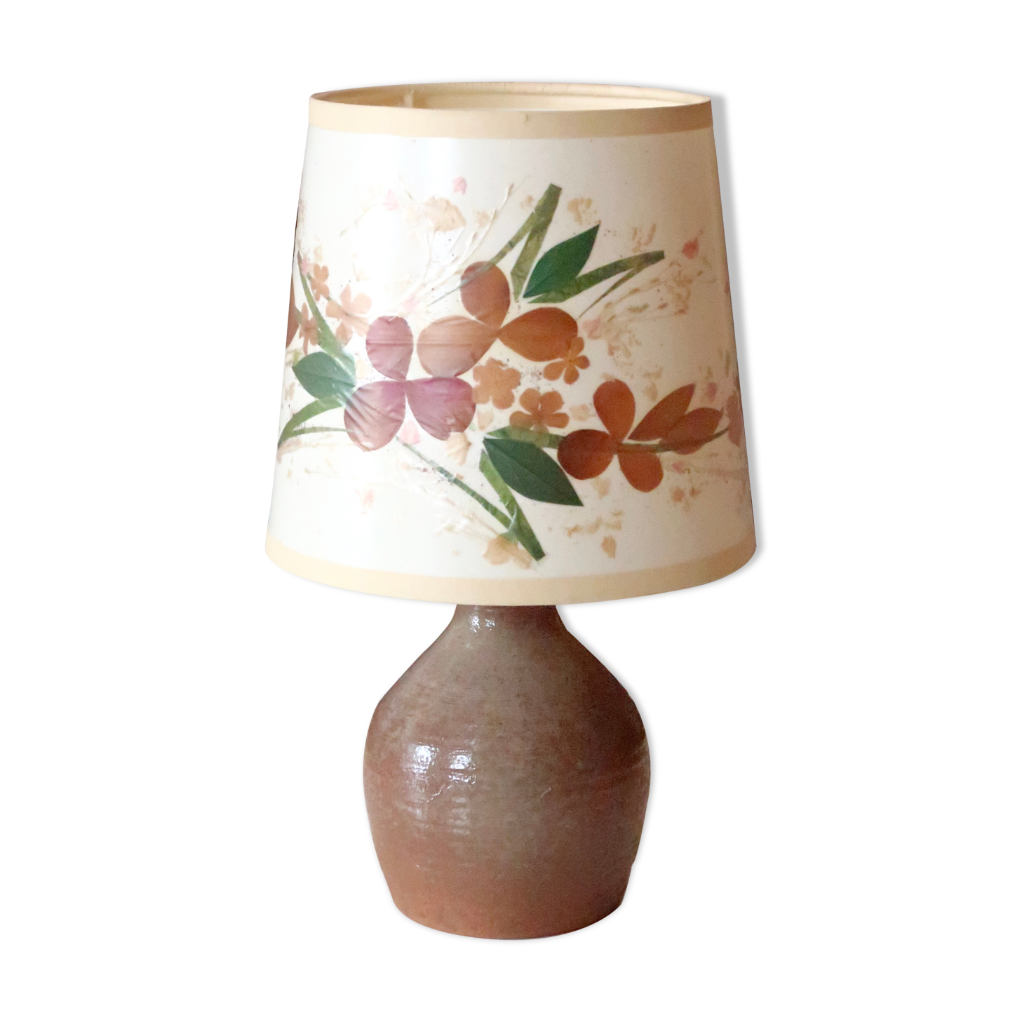 Ceramic lamp with herbarium-style shade from the 60s