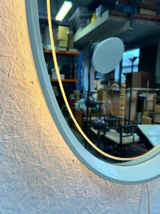 Vintage Oval Mirror with Lighting in Wooden Frame, Hillebrand Germany 1970s