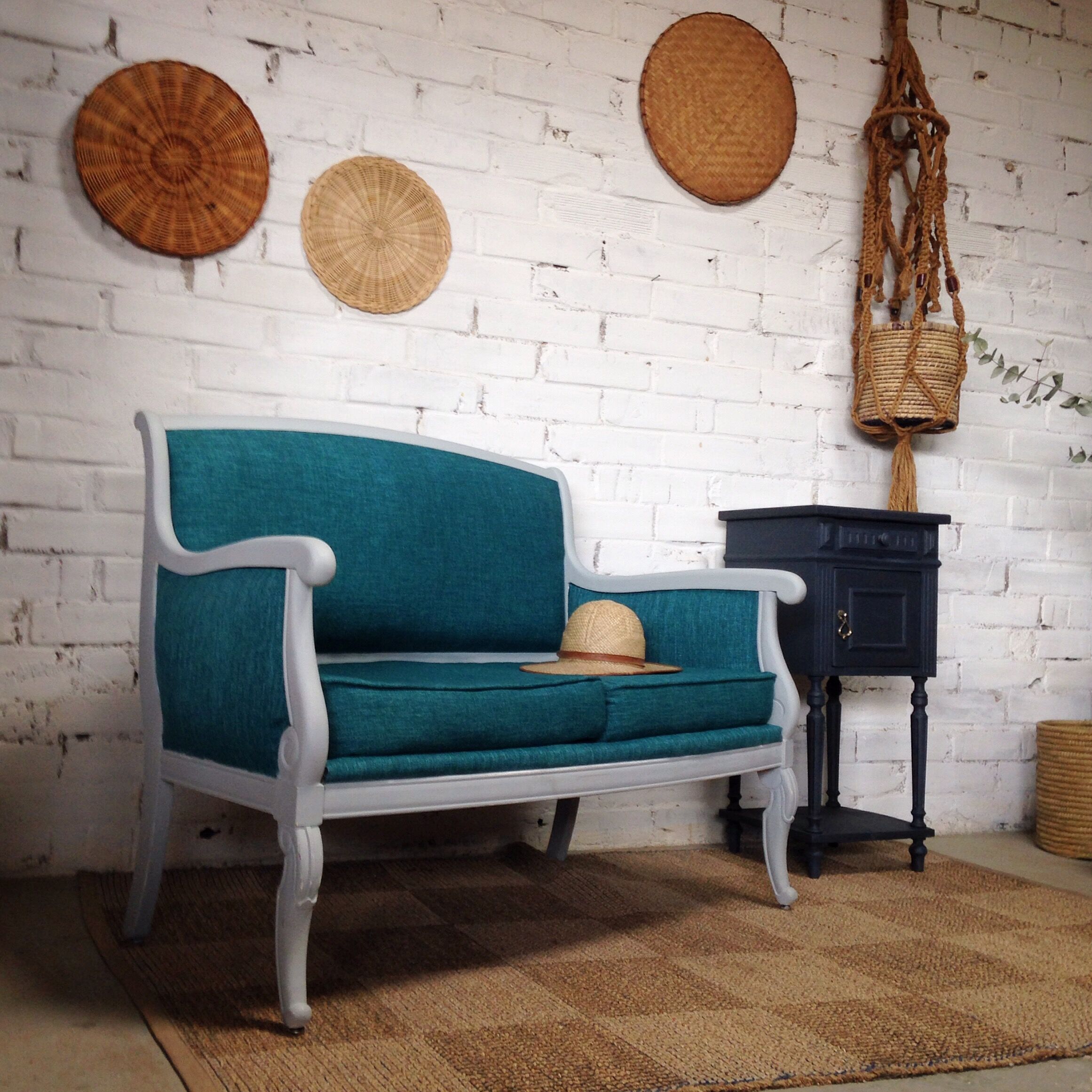 Louis Philippe grey and duck blue bench seat