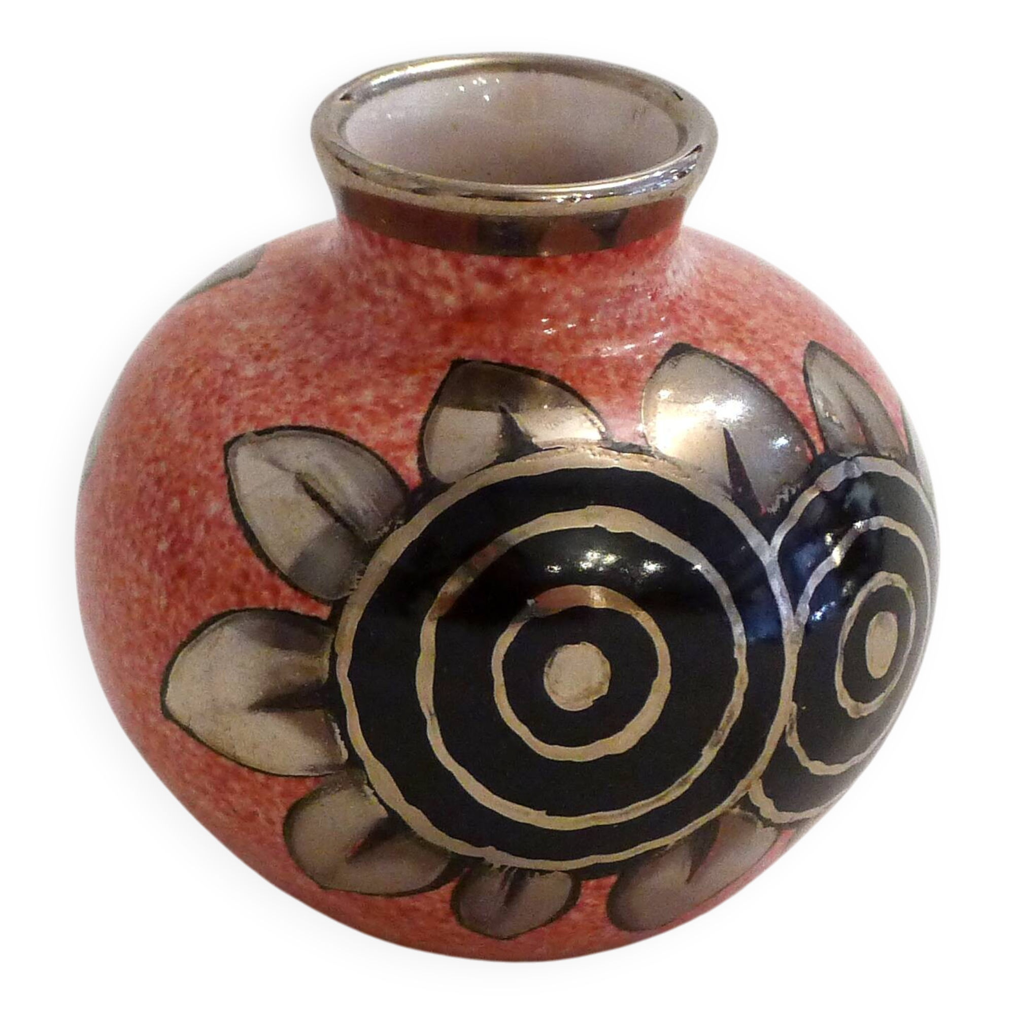 Small Art Deco round vase signed A. Renoleau, stylised floral decoration 1920s.