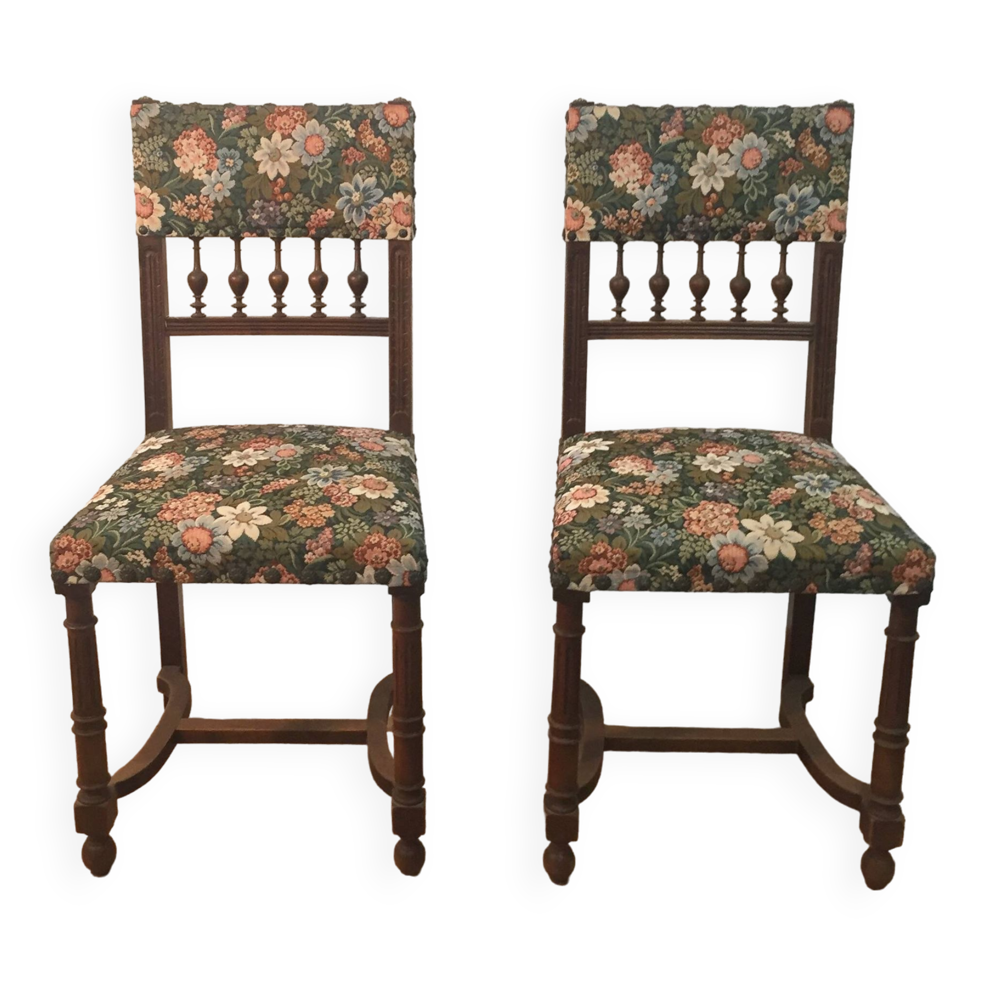 Pair of henri ii style chairs with tapestry