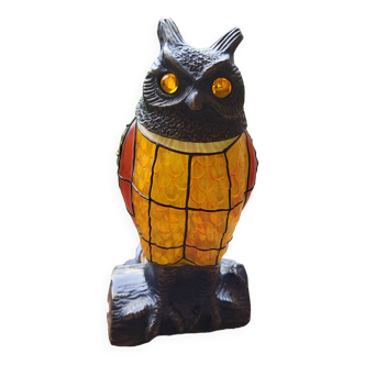 Owl lamp in bronze and colored stained glass, art deco