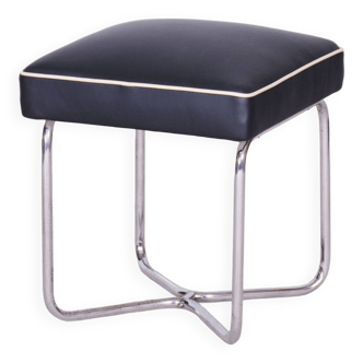 Restored Bauhaus Stool, M. Breuer, Mücke Melder, Chrome, Leather, Czechia, 1930s