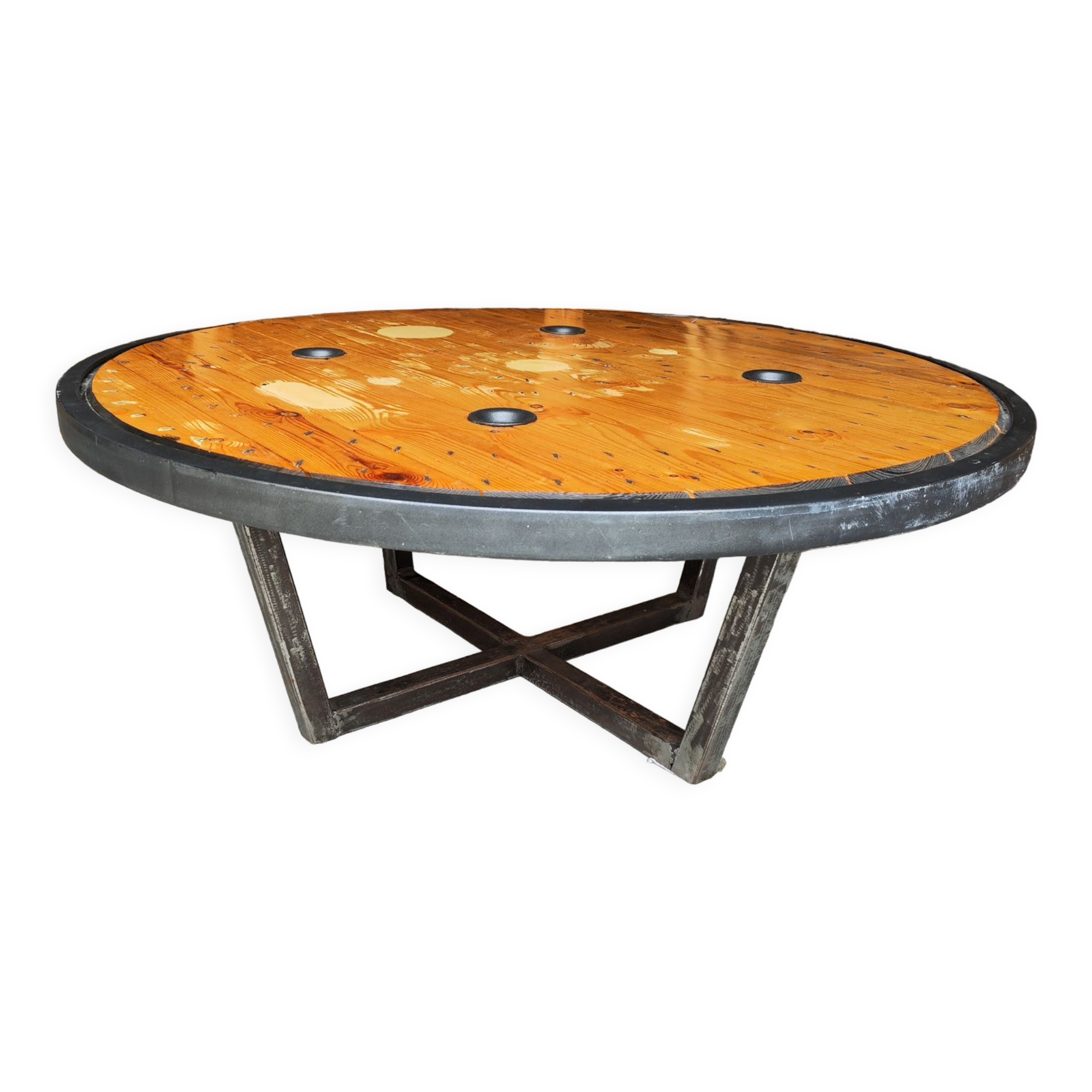 Large industrial coffee table metal and wood drum