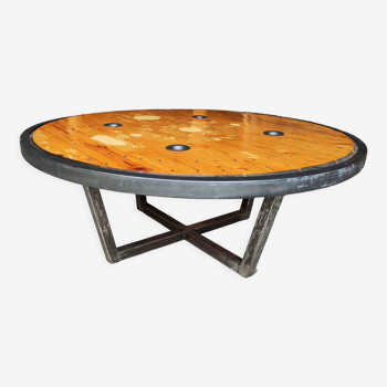 Large industrial coffee table metal and wood drum