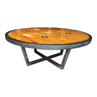 Large industrial coffee table metal and wood drum