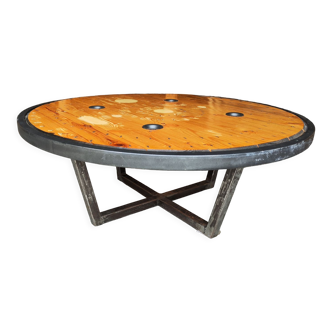 Table basse industrielle touret métal et bois