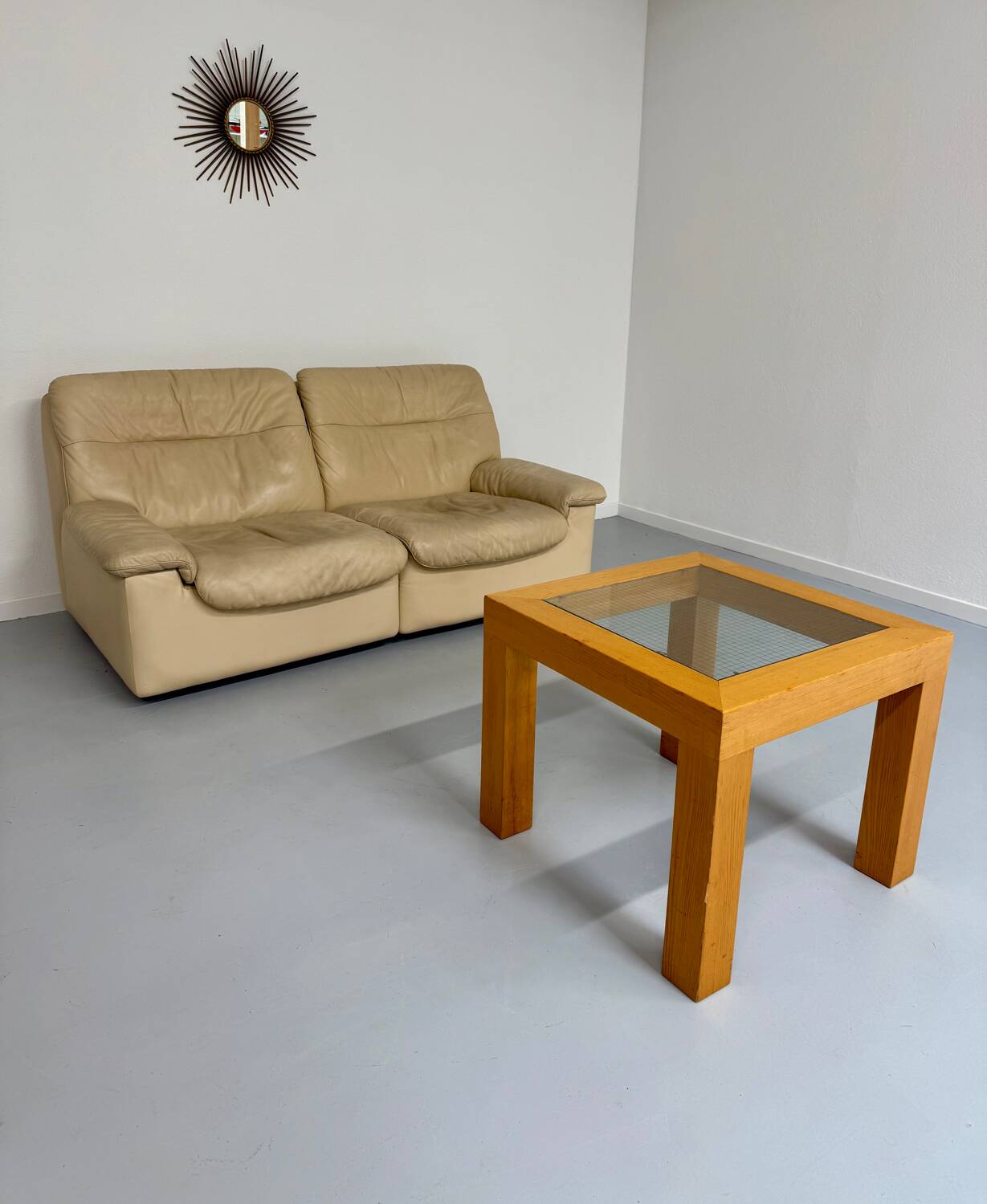 Old 2-seater beige leather sofa designed by Carl Larsson De Sede, vintage 80s